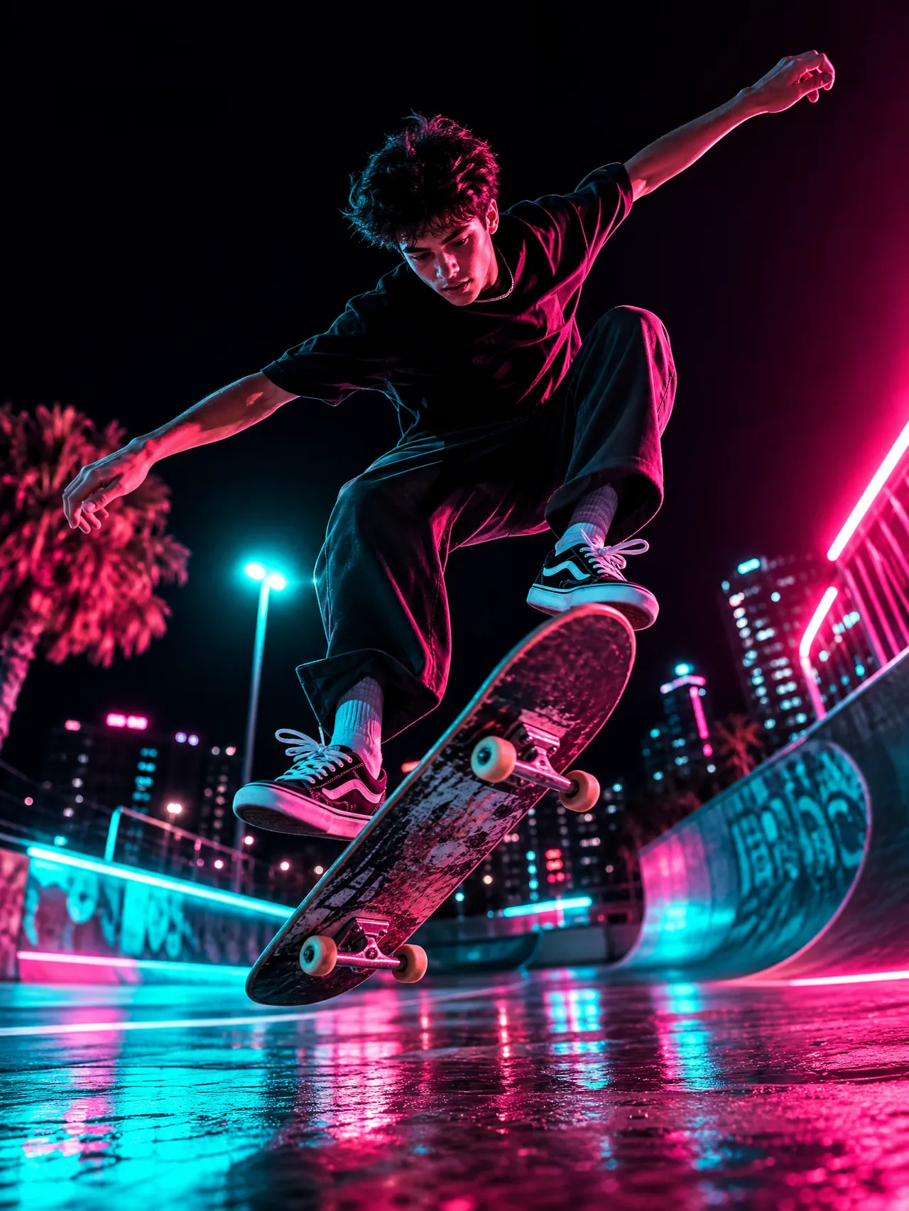 夜色滑板少年在霓虹街区完成高难度运镜动作的短视频画面