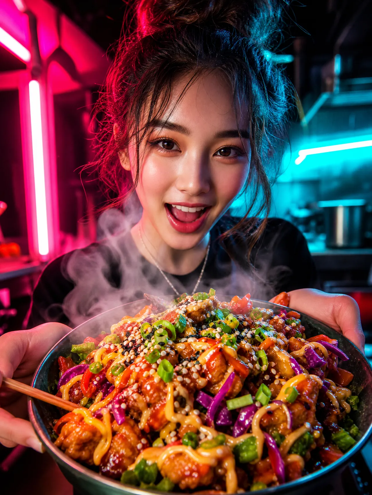 美食创作者展示热气腾腾拉丝街头美食特写的短视频画面